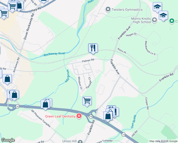 map of restaurants, bars, coffee shops, grocery stores, and more near 417 Dalton Court in Denville