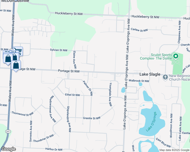 map of restaurants, bars, coffee shops, grocery stores, and more near 6230 Portage Street Northwest in North Canton