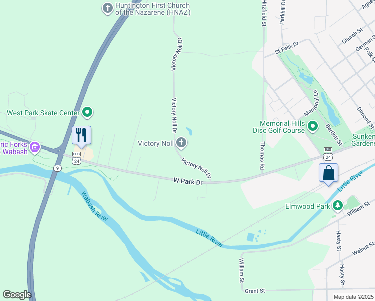 map of restaurants, bars, coffee shops, grocery stores, and more near 25 victory Noll Drive in Huntington