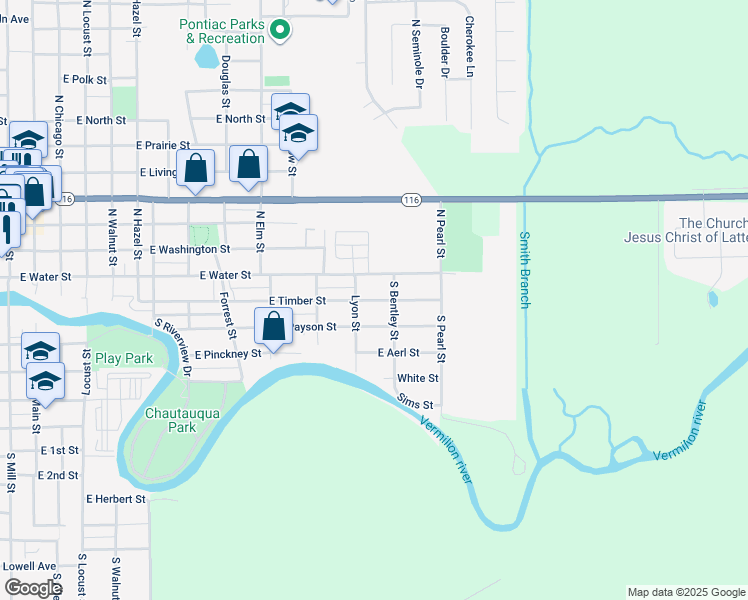 map of restaurants, bars, coffee shops, grocery stores, and more near 711 East Timber Street in Pontiac