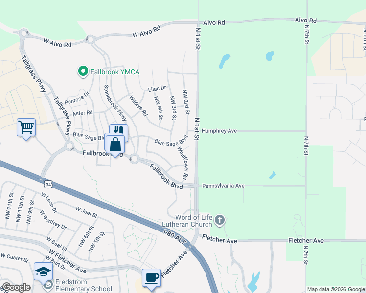 map of restaurants, bars, coffee shops, grocery stores, and more near 220 Windflower Circle in Lincoln