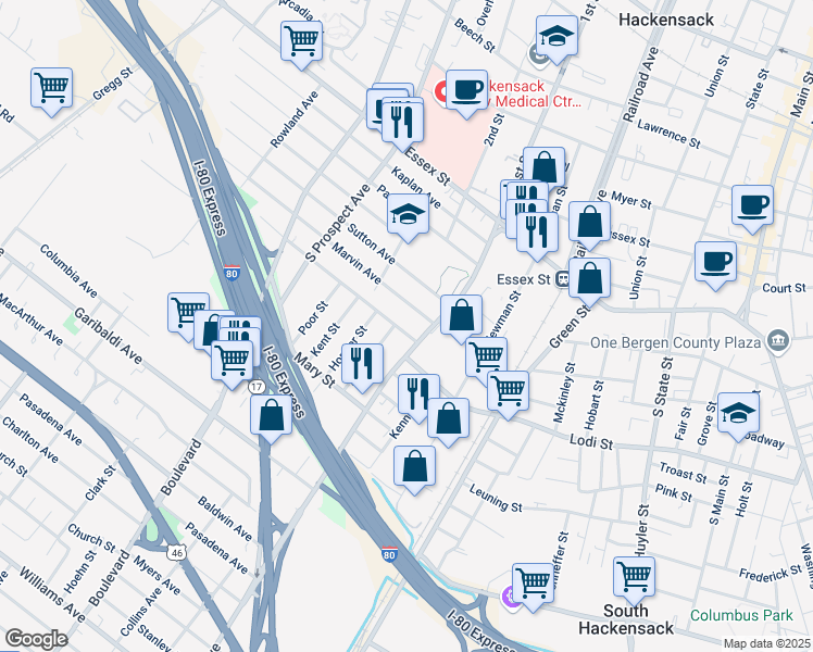 map of restaurants, bars, coffee shops, grocery stores, and more near 248 Standish Avenue in Hackensack