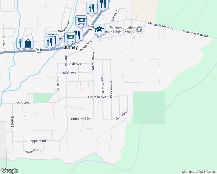 map of restaurants, bars, coffee shops, grocery stores, and more near 20251 Arrowood Street in Burney
