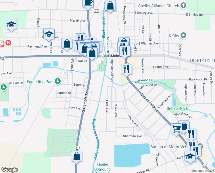 map of restaurants, bars, coffee shops, grocery stores, and more near 16 Park Avenue in Shelby