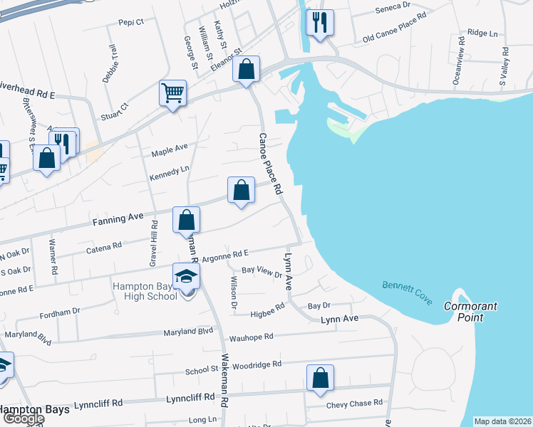 map of restaurants, bars, coffee shops, grocery stores, and more near 5 Carter Road in Hampton Bays