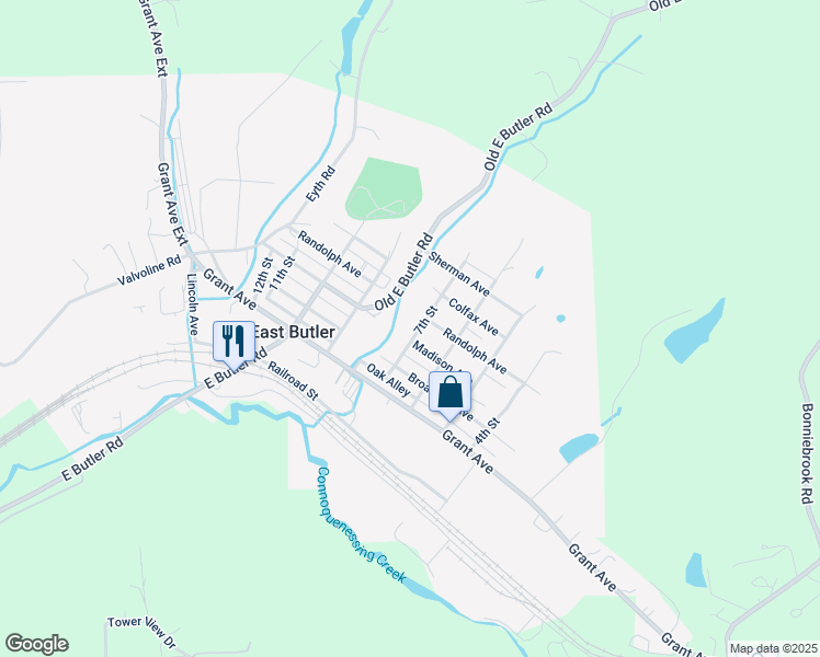 map of restaurants, bars, coffee shops, grocery stores, and more near 130 7th Street in East Butler