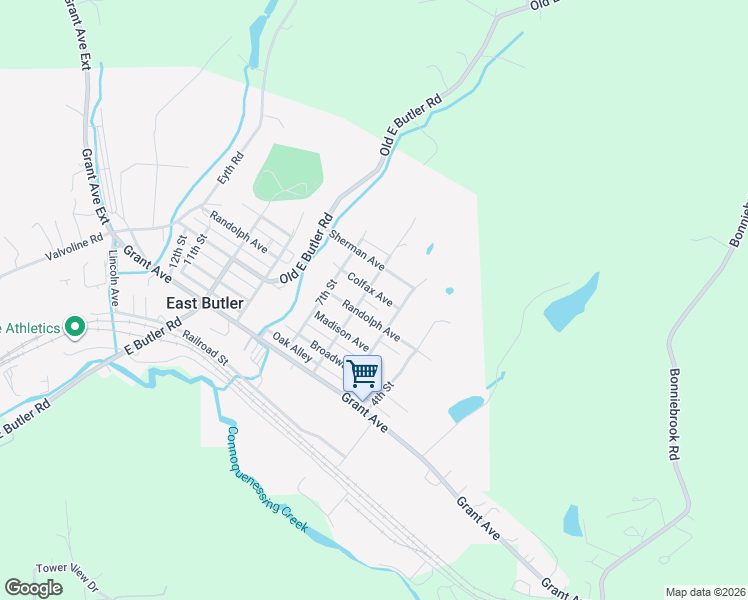 map of restaurants, bars, coffee shops, grocery stores, and more near 145 6th Street in East Butler