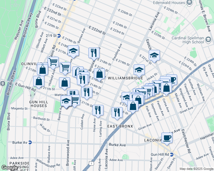 map of restaurants, bars, coffee shops, grocery stores, and more near 1014 East 215th Street in Bronx