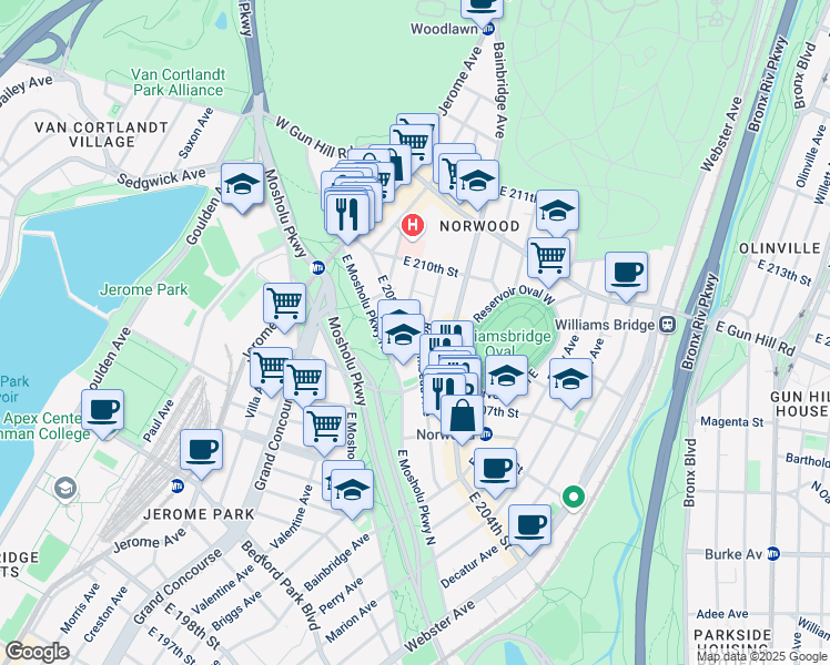 map of restaurants, bars, coffee shops, grocery stores, and more near 106 East 208th Street in Bronx