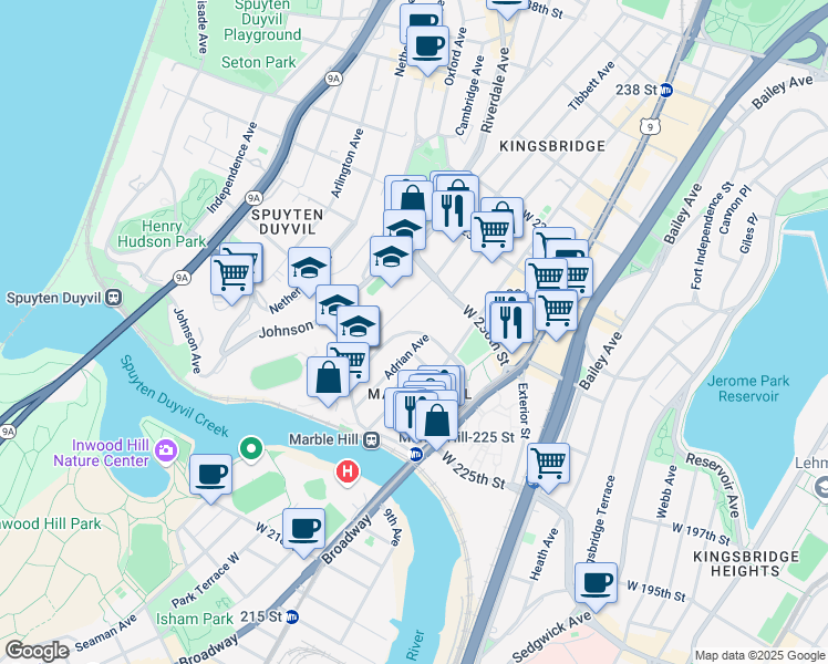 map of restaurants, bars, coffee shops, grocery stores, and more near 34 Terrace View Avenue in Bronx