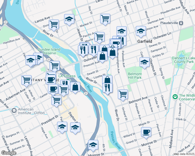 map of restaurants, bars, coffee shops, grocery stores, and more near 36 Lizette Street in Garfield