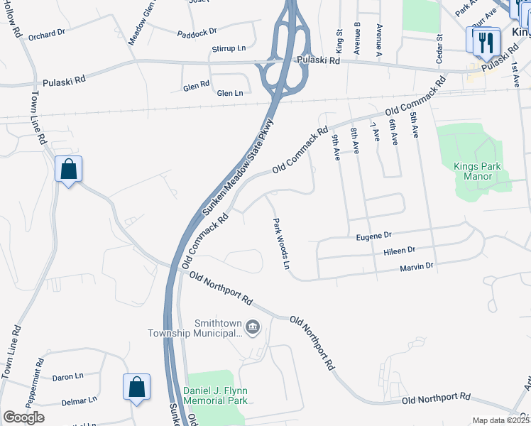 map of restaurants, bars, coffee shops, grocery stores, and more near 5 Park Woods Lane in Kings Park