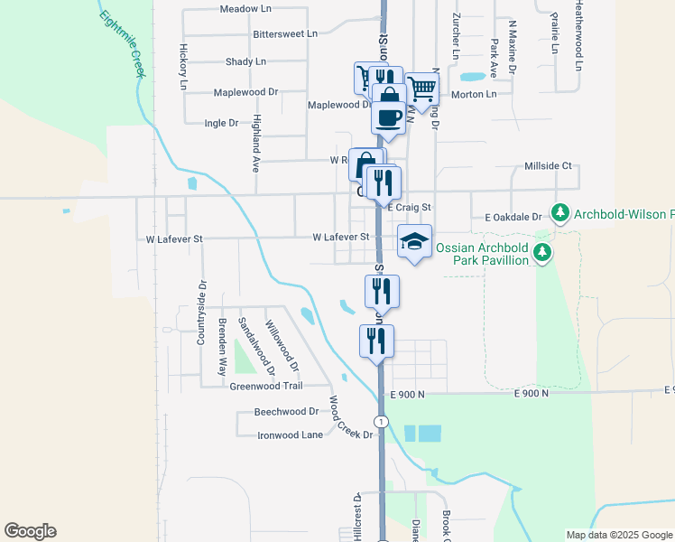 map of restaurants, bars, coffee shops, grocery stores, and more near in Ossian