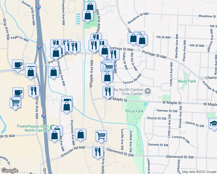 map of restaurants, bars, coffee shops, grocery stores, and more near 6602 Wise Avenue Northwest in North Canton