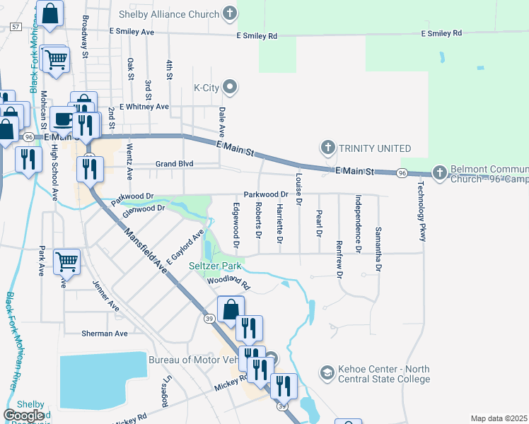 map of restaurants, bars, coffee shops, grocery stores, and more near 53 Roberts Drive in Shelby