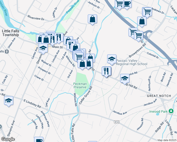 map of restaurants, bars, coffee shops, grocery stores, and more near 101 East Main Street in Little Falls