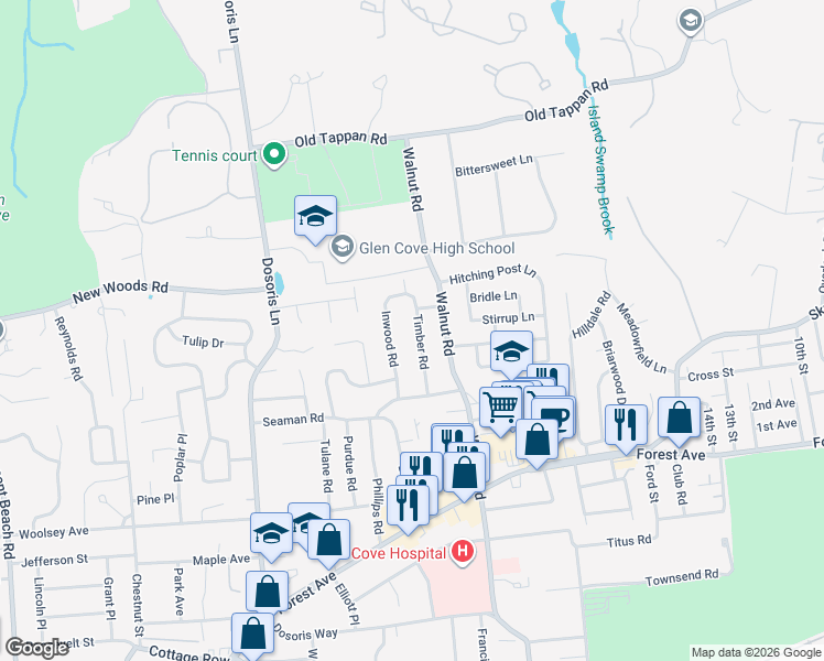 map of restaurants, bars, coffee shops, grocery stores, and more near 19 Timber Road in Glen Cove