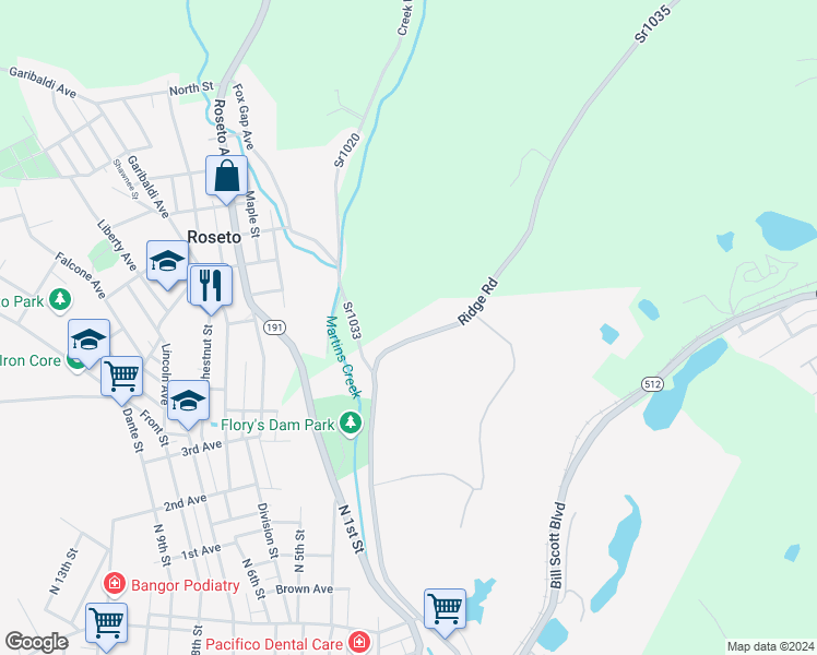 map of restaurants, bars, coffee shops, grocery stores, and more near 40 Ridge Road in Bangor