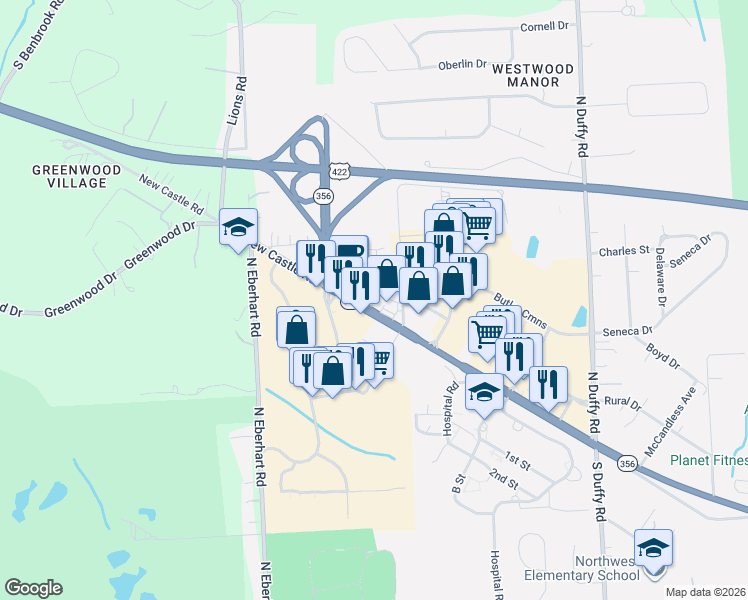 map of restaurants, bars, coffee shops, grocery stores, and more near 358 New Castle Rd in Butler
