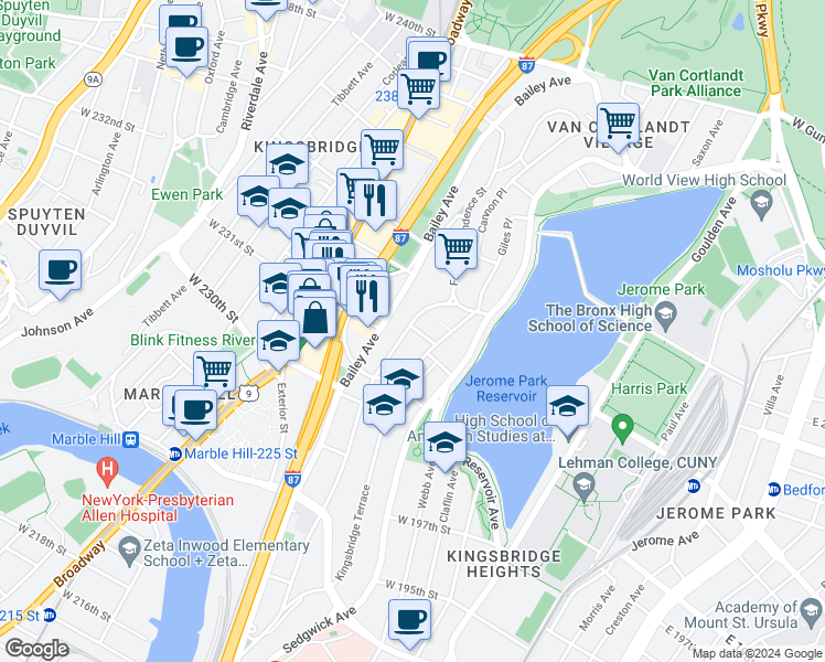 map of restaurants, bars, coffee shops, grocery stores, and more near 3088 Heath Avenue in Bronx