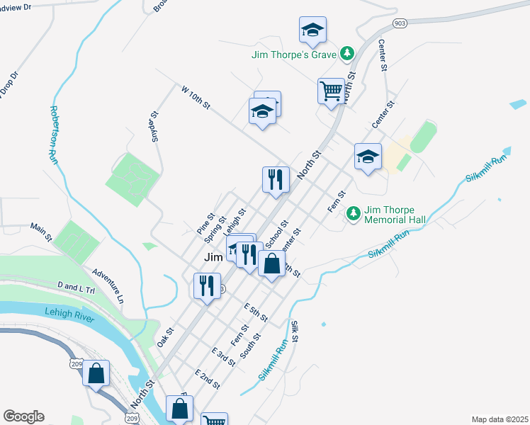 map of restaurants, bars, coffee shops, grocery stores, and more near 40 Church Road in Jim Thorpe