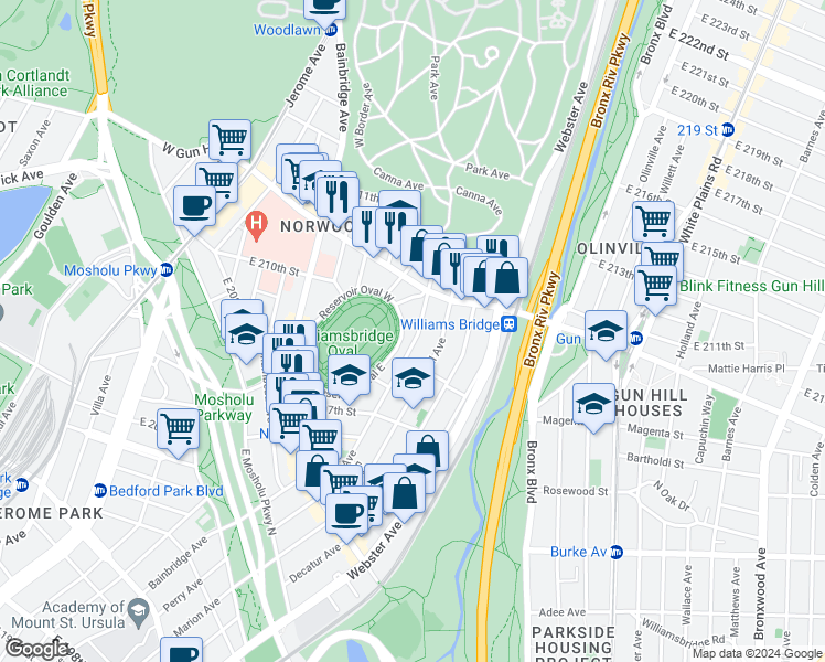 map of restaurants, bars, coffee shops, grocery stores, and more near 3335 Perry Avenue in The Bronx