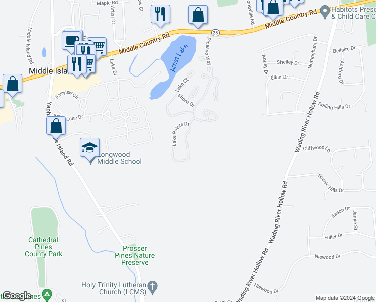 map of restaurants, bars, coffee shops, grocery stores, and more near 367 Lake Pointe Drive in Middle Island