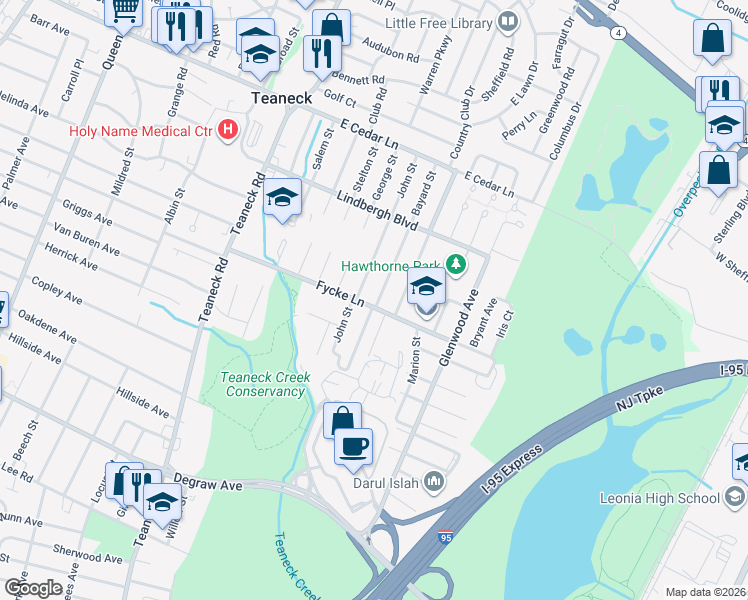 map of restaurants, bars, coffee shops, grocery stores, and more near 163 Fycke Lane in Teaneck