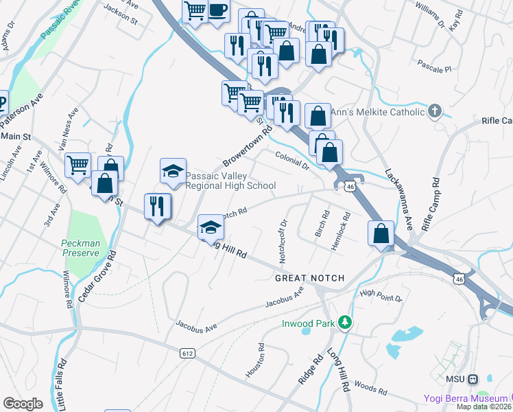 map of restaurants, bars, coffee shops, grocery stores, and more near 93 Lower Notch Road in Little Falls