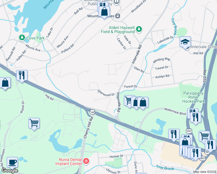 map of restaurants, bars, coffee shops, grocery stores, and more near 6 Craven Road in Mountain Lakes