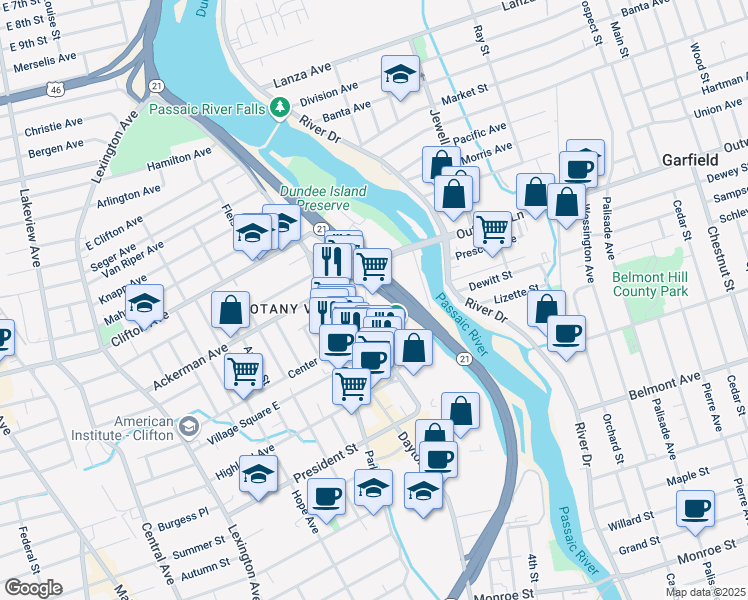 map of restaurants, bars, coffee shops, grocery stores, and more near 73 Ackerman Avenue in Clifton