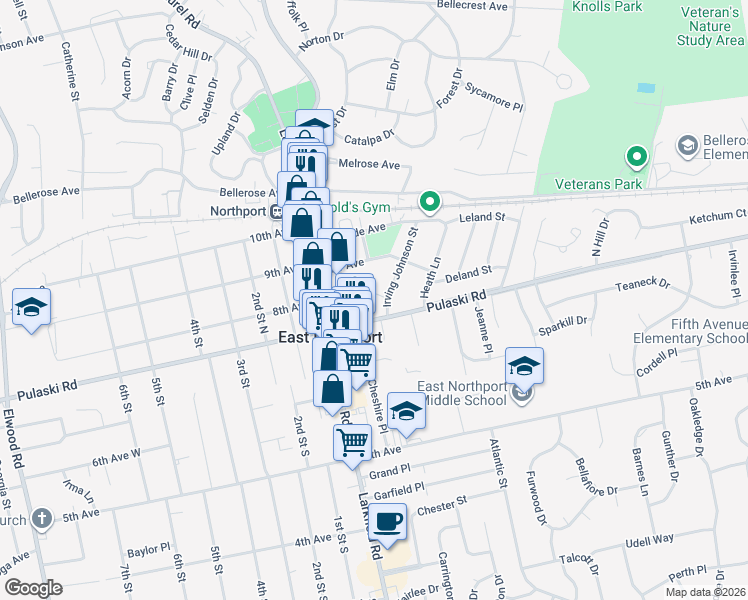 map of restaurants, bars, coffee shops, grocery stores, and more near 7 Noel Avenue in East Northport