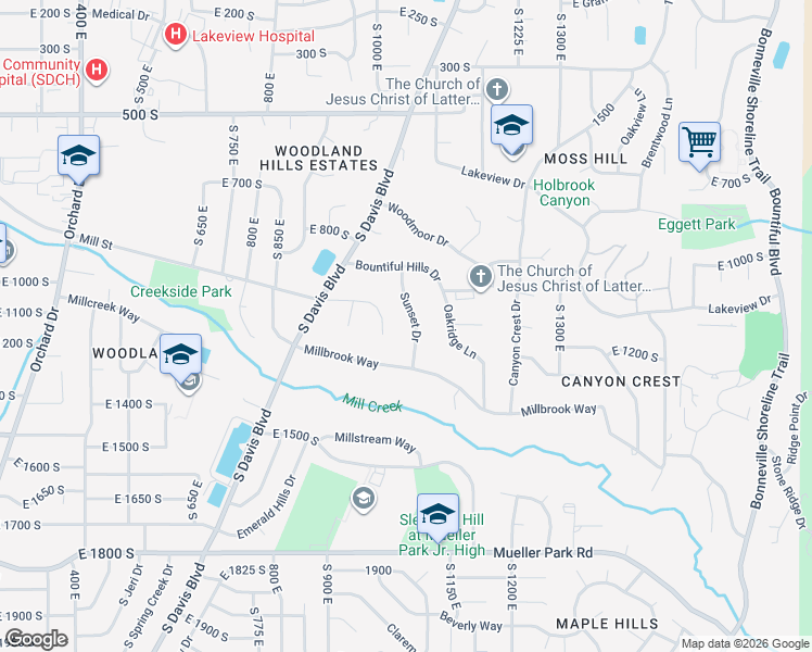 map of restaurants, bars, coffee shops, grocery stores, and more near 1118 Sunset Drive in Bountiful