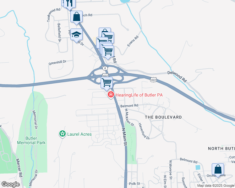 map of restaurants, bars, coffee shops, grocery stores, and more near 103 Cedar Road in Butler