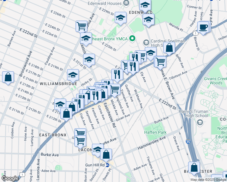 map of restaurants, bars, coffee shops, grocery stores, and more near 3545 Boston Road in Bronx