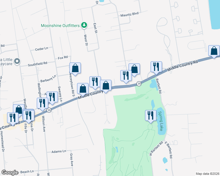 map of restaurants, bars, coffee shops, grocery stores, and more near 208 Middle Country Road in Middle Island
