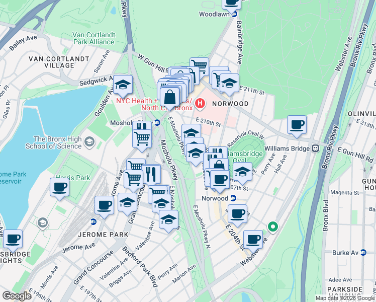 map of restaurants, bars, coffee shops, grocery stores, and more near 88 East 208th Street in Bronx