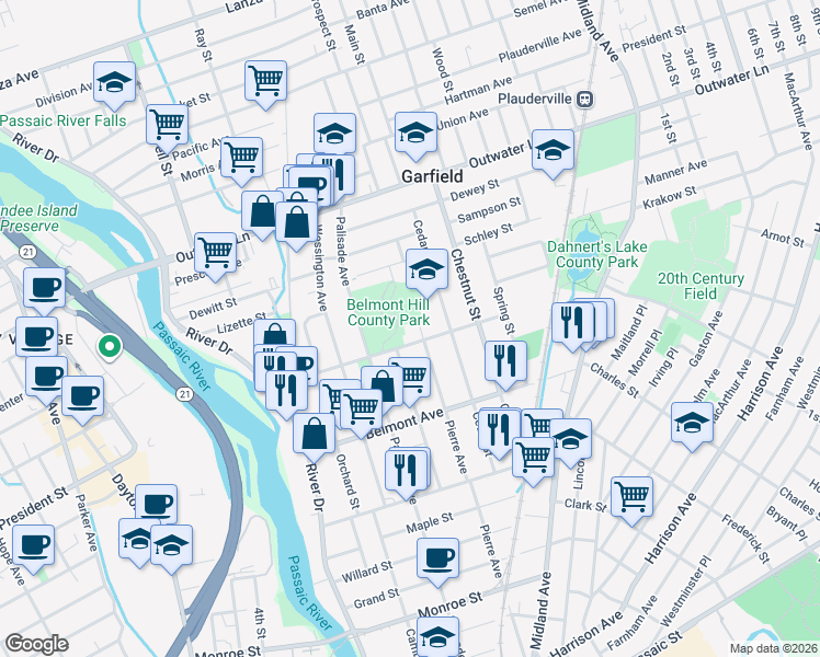 map of restaurants, bars, coffee shops, grocery stores, and more near 270 Pierre Avenue in Garfield