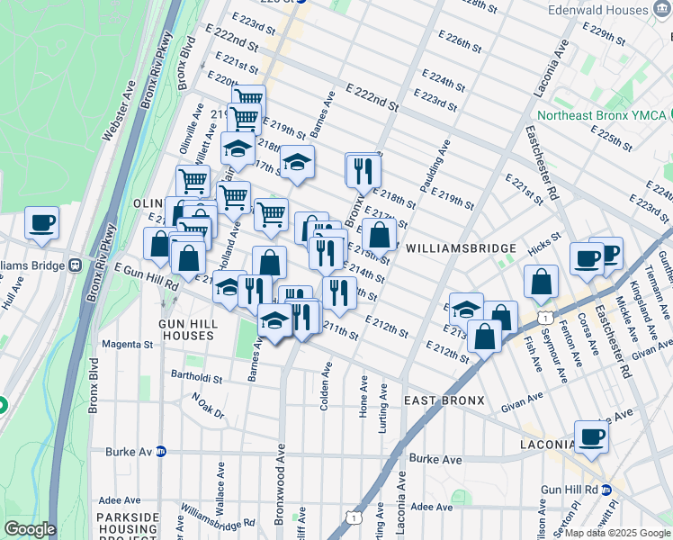 map of restaurants, bars, coffee shops, grocery stores, and more near 3610 Bronxwood Avenue in The Bronx