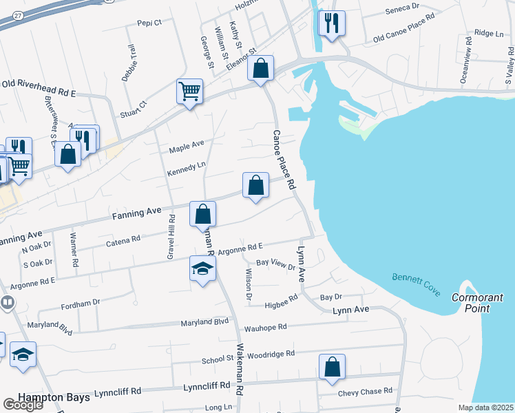 map of restaurants, bars, coffee shops, grocery stores, and more near 16 Carter Road in Hampton Bays