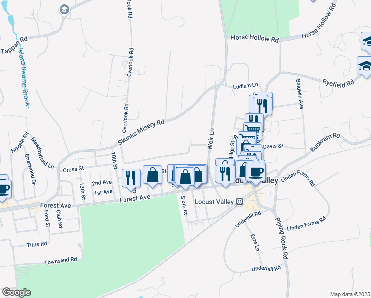 map of restaurants, bars, coffee shops, grocery stores, and more near 8 Wood Lane in Locust Valley
