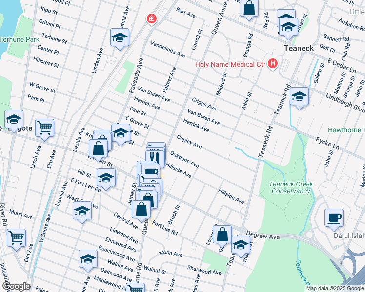 map of restaurants, bars, coffee shops, grocery stores, and more near 453 Queen Anne Road in Teaneck