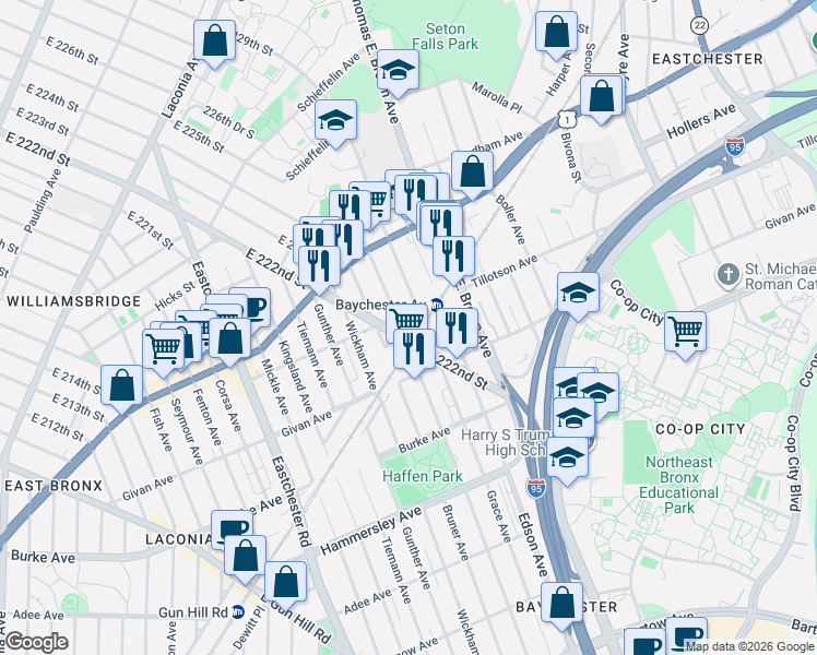 map of restaurants, bars, coffee shops, grocery stores, and more near 3378 Grace Avenue in Bronx