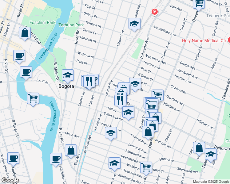 map of restaurants, bars, coffee shops, grocery stores, and more near 48 East Broad Street in Bogota