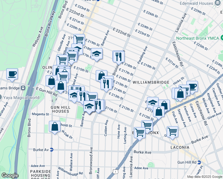 map of restaurants, bars, coffee shops, grocery stores, and more near 912 East 214th Street in Bronx