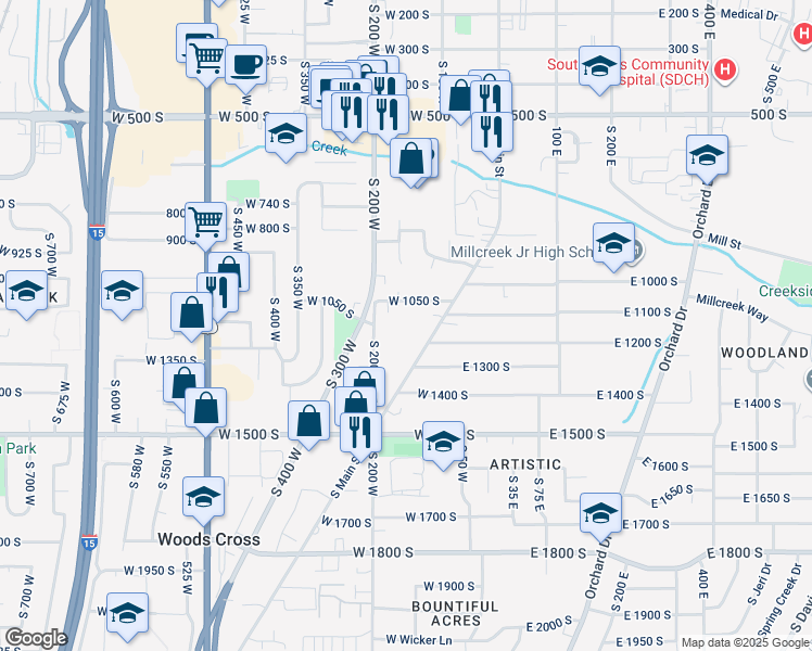 map of restaurants, bars, coffee shops, grocery stores, and more near 1175 South 200 West in Bountiful