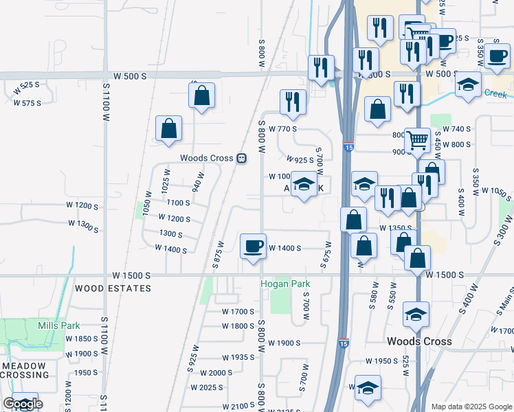 map of restaurants, bars, coffee shops, grocery stores, and more near 834 West 1175 South in Woods Cross