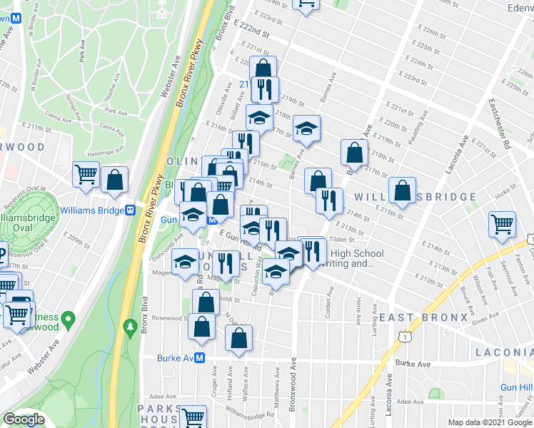 map of restaurants, bars, coffee shops, grocery stores, and more near 3554 Carlisle Place in Bronx