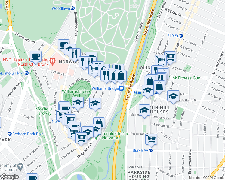 map of restaurants, bars, coffee shops, grocery stores, and more near in The Bronx