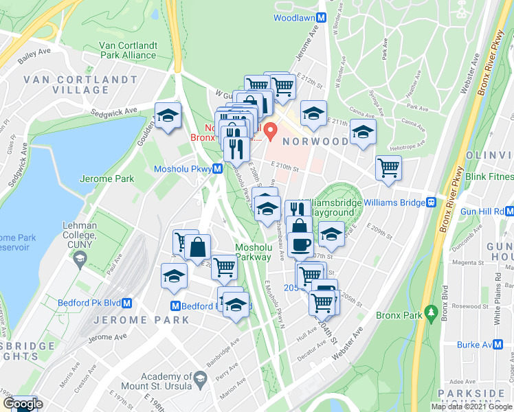 map of restaurants, bars, coffee shops, grocery stores, and more near 88 East 208th Street in Bronx